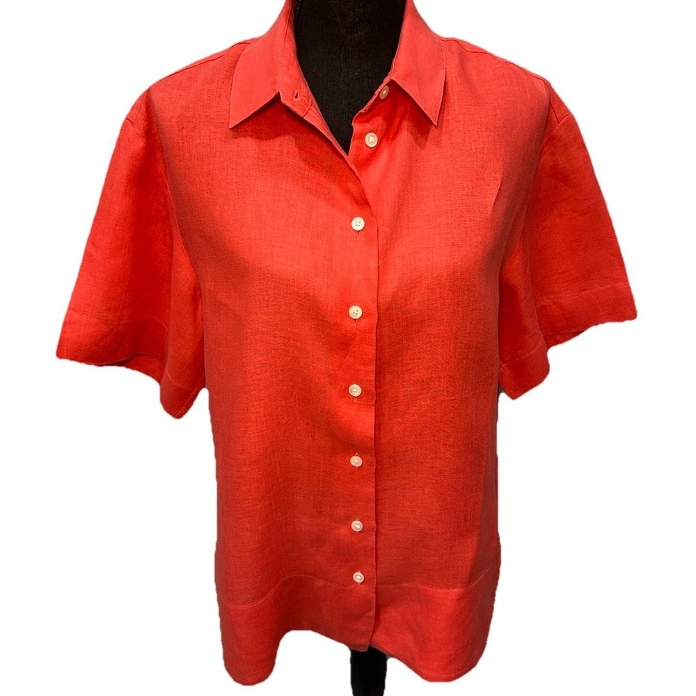 BR Blouse Top Womens Small Orange 100% Linen Shirt Button Front Short Sleeves